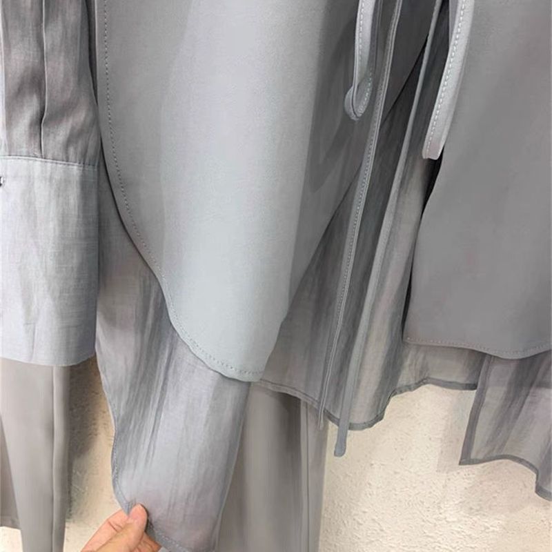 Women's Clothing High grade sun proof suit in summer chiffon splicing two piece jacket, high waist wide leg trousers, two piece suit_autovado.com
