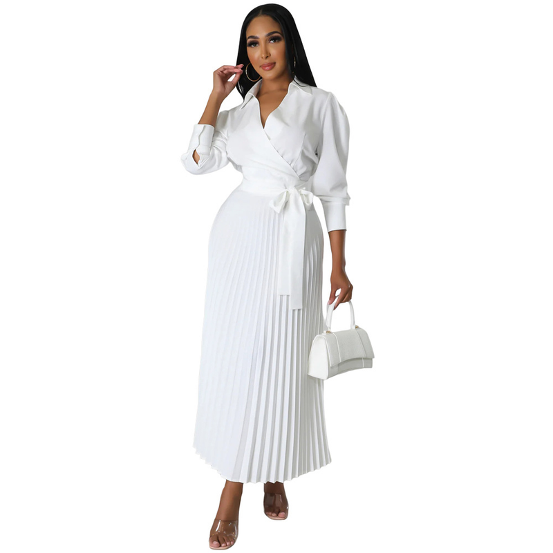 Long sleeved Polo collar high waist fashion casual pleated women's dress_autovado.com