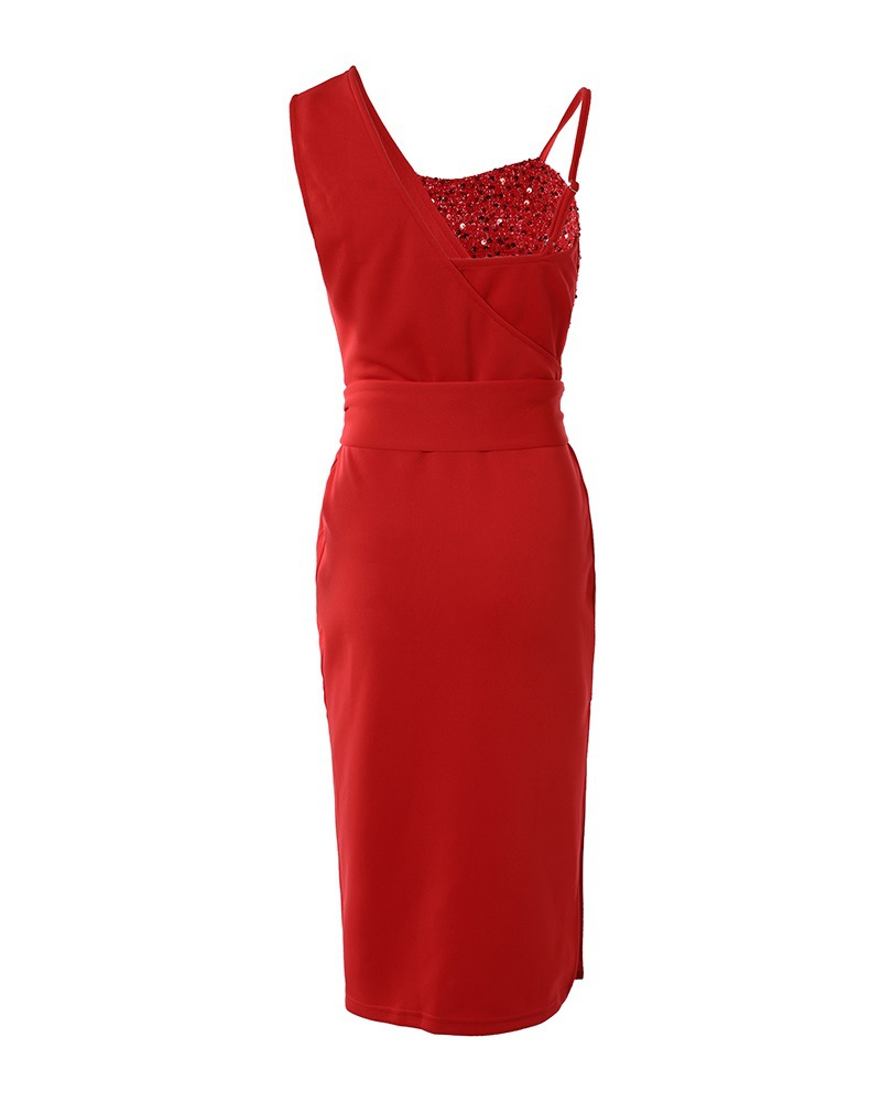 Women's New Solid Color Fashion Sequin Dress One-shoulder Suspender Evening Dress Dress_autovado.com