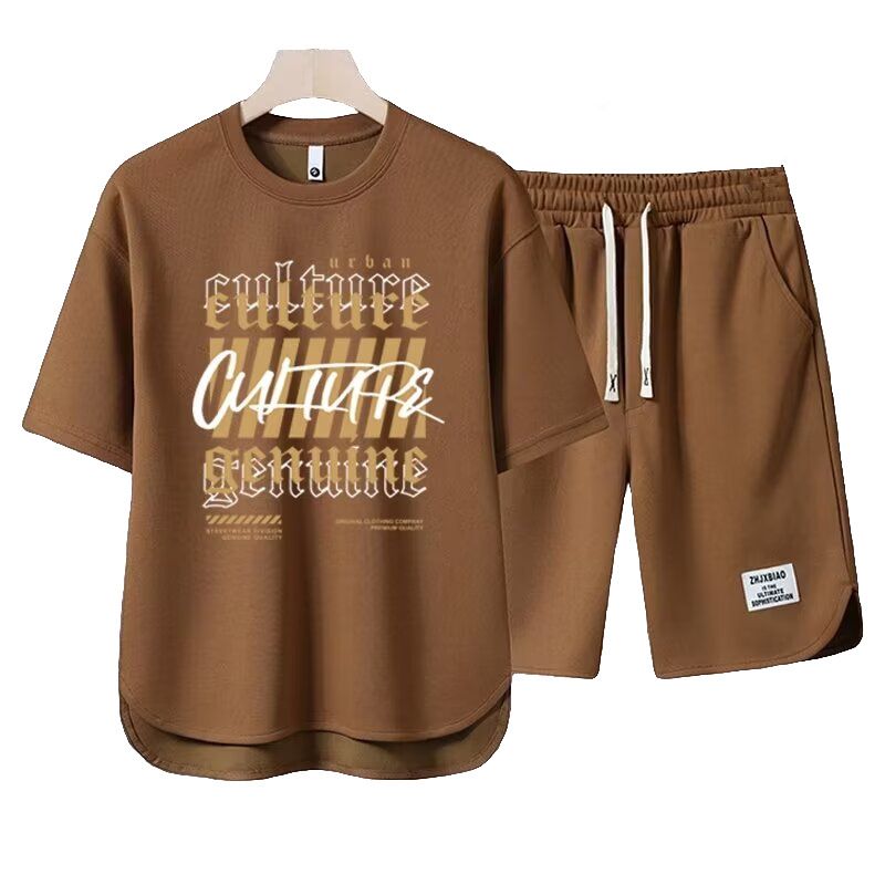 Men's Clothing 2024 Waffle Casual Summer Suit Men's Loose Teen Short sleeved T shirt Shorts Handsome Two piece Suit_autovado.com