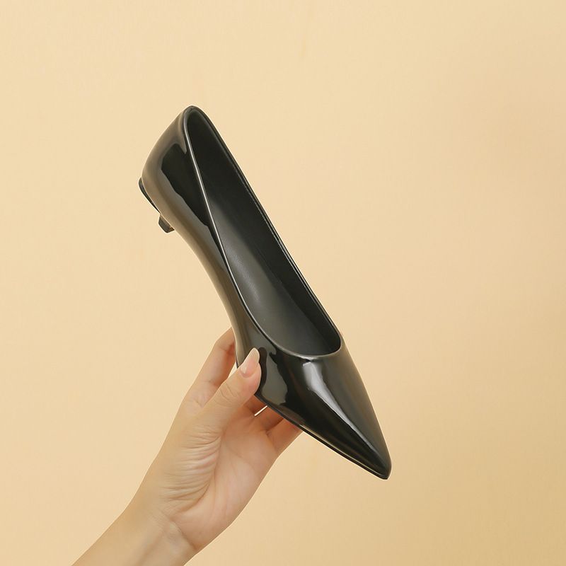 Spring new commuter style pointed head medium low heel single shoes women's thin heel patent leather work shoes women's black_autovado.com