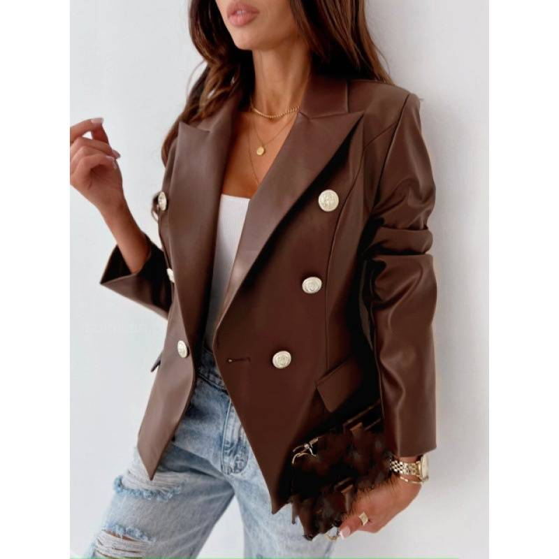 Women's Clothing new style long sleeved double breasted fashionable PU leather suit small jacket_autovado.com