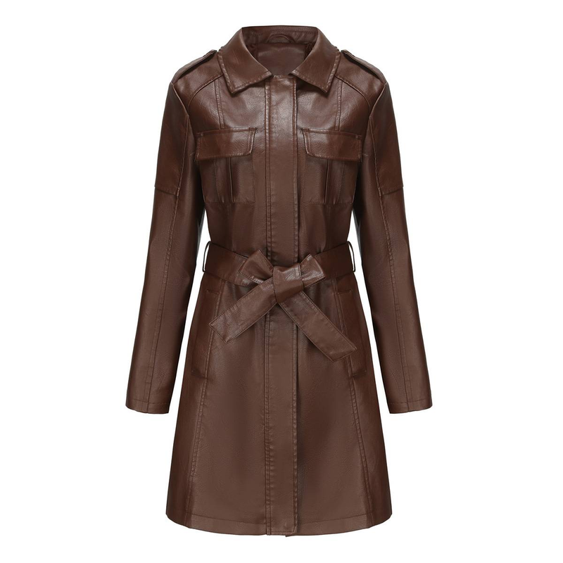 New mid-length leather coat with belt long-sleeved leather trench coat fashionable coat woman_autovado.com