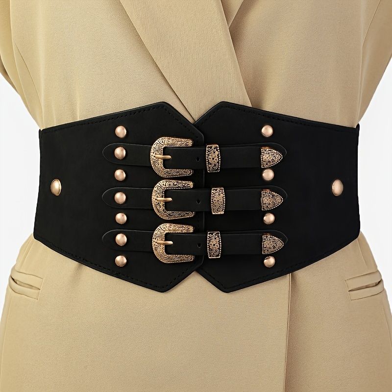 HOT Vintage Rivet Studded Waistband Gothic Triple Buckle Wide Classic Corset Waspie Belts Dress Coat Girdle For Women Girls_autovado.com