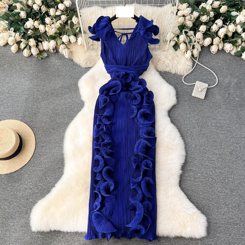 Women's Banquet high-end dress high-end light luxury niche pleated three-dimensional ruffled slim long temperament dress for women_autovado.com