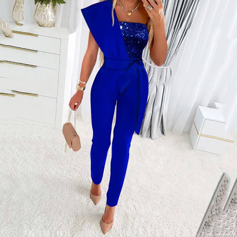 Women's New Solid Color Fashion Sequin Dress One-shoulder Suspender Evening Dress Dress_autovado.com