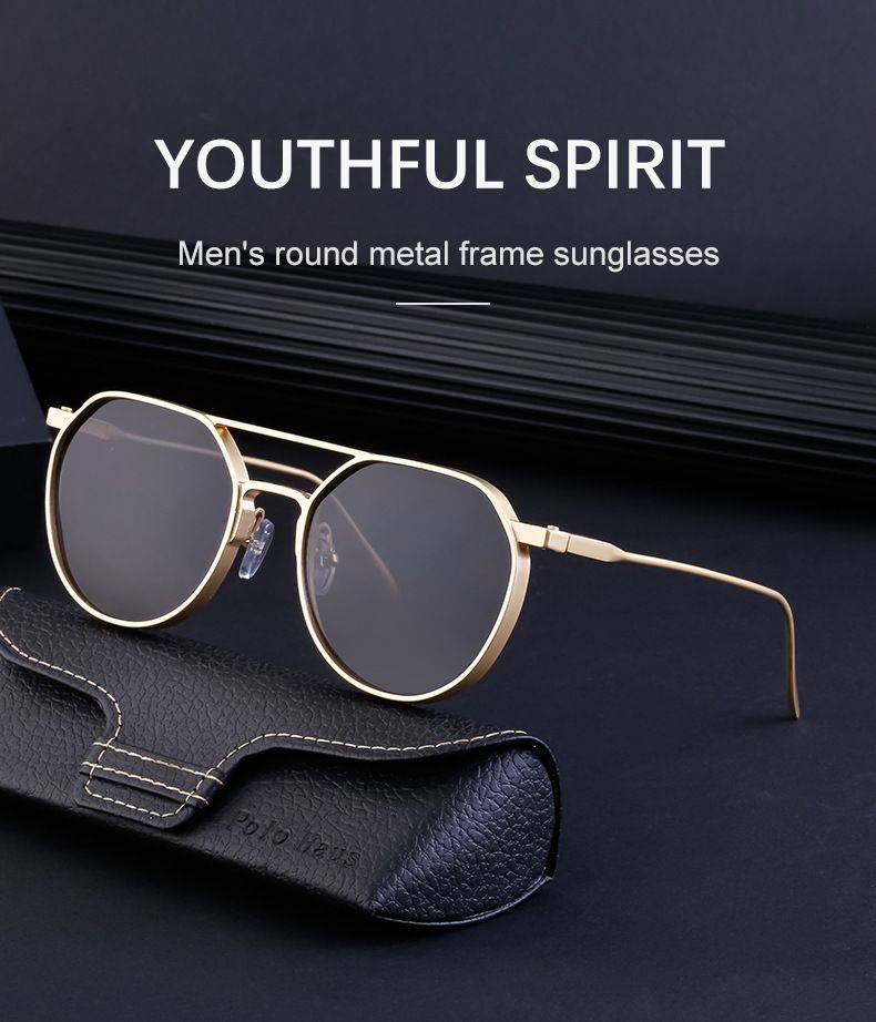 Unisex Vintage round frame sunglasses for men metal double beam driving sunglasses for men_autovado.com