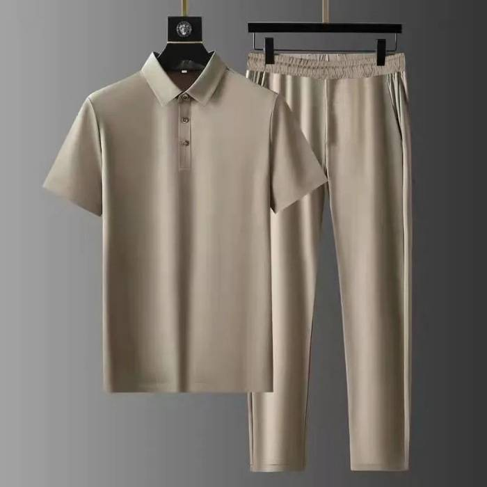 2 Pcs/Set Mens Sets Short Sleeve Seamless Casual Straight Loose Summer Wide Leg Top Trousers Set Men Track Suit_autovado.com