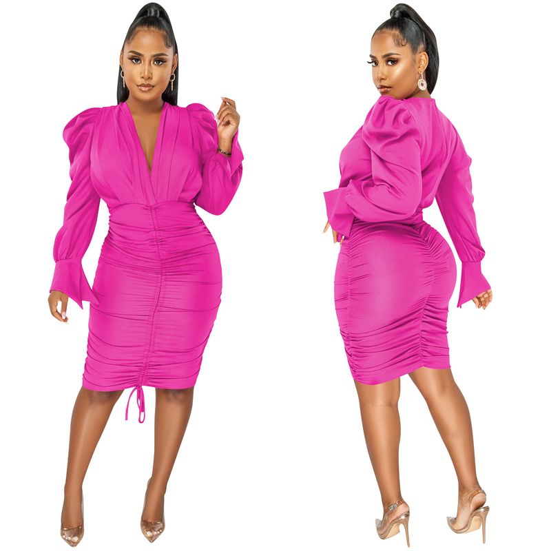Women's Clothing fashion casual solid color long-sleeved pleated V-neck dress for women_autovado.com
