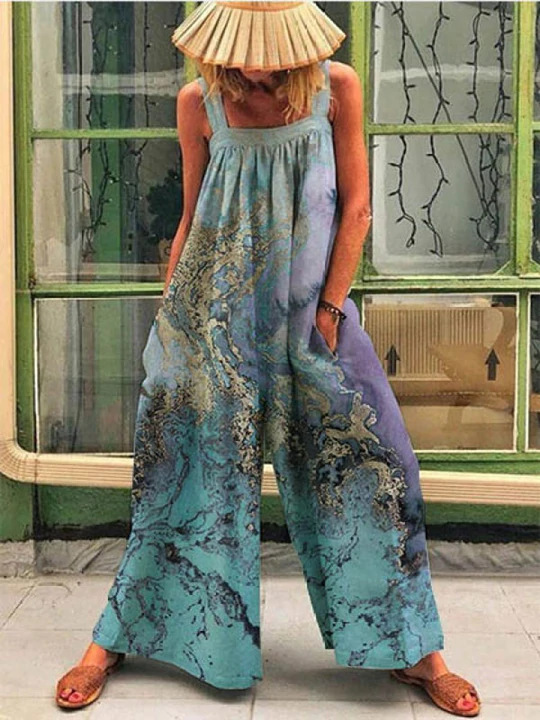 Women's 2023 Summer New Large Fashion Print Loose Strap Wide Leg Jumpsuit_autovado.com
