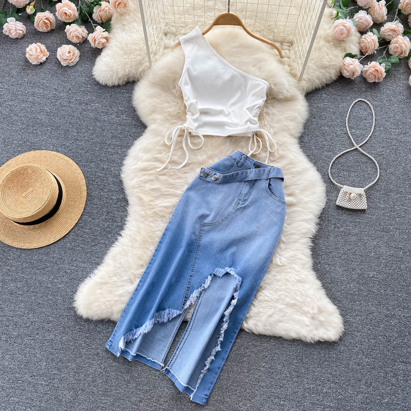 Women's Smocked Strappy Shoulder Vest Irregular Raw Edge Slit Denim Skirt Two-piece Set_autovado.com