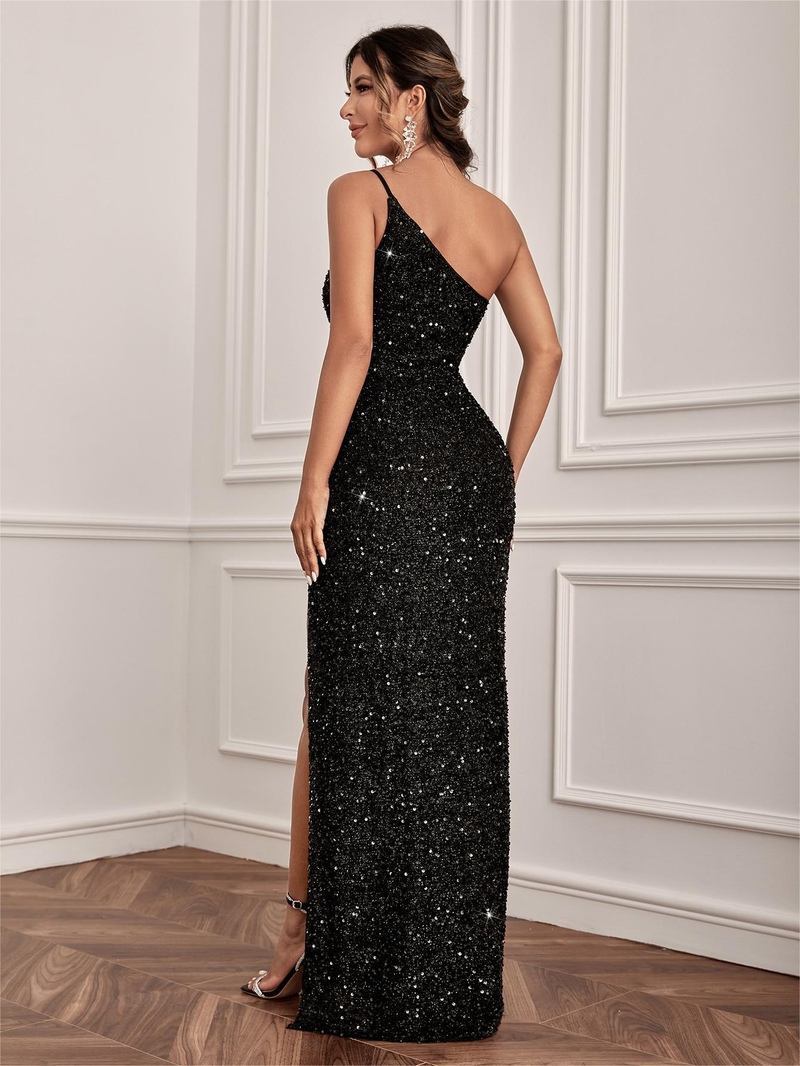 Women's back slit sequined asymmetric evening dress prom dress party dress bridesmaid dress_autovado.com