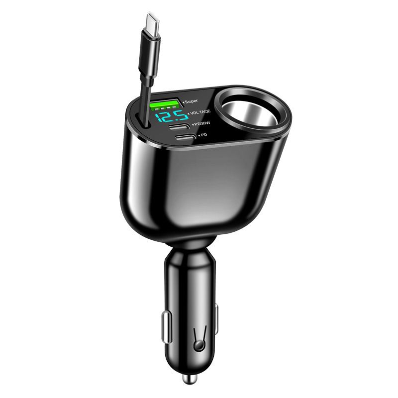 Digital Display Retractable Cable Charger PD Car Super Fast Charging Five-in-One Cigarette Lighter Cross-Border_autovado.com
