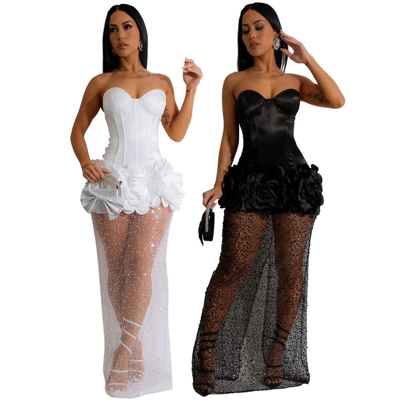 Tube Top Solid Color Satin Fabric Stitching Mesh Skirt Dress For Women, Fashionable Model_autovado.com