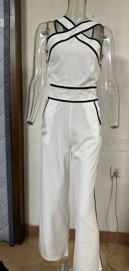 Women's Summer New Fashion Cross-neck Waist Contrast Color Wide-leg Halter Suit_autovado.com