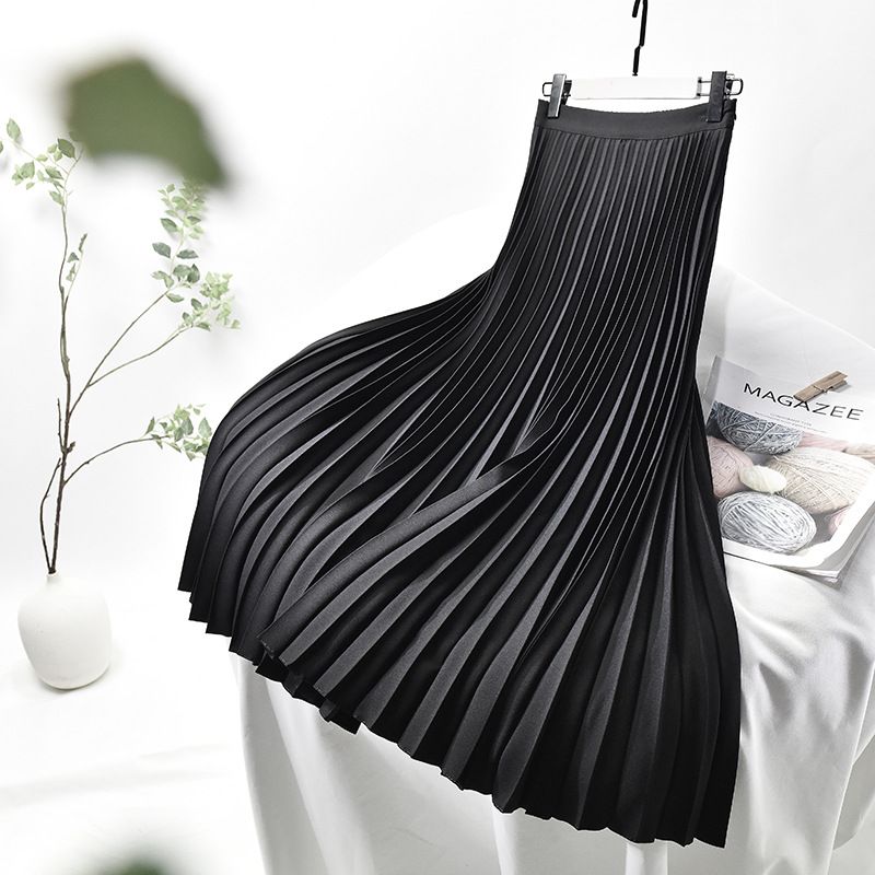Women's Clothing Chic temperament slim plus size pleated skirt autumn and winter new high waist A line skirt women's medium and long_autovado.com
