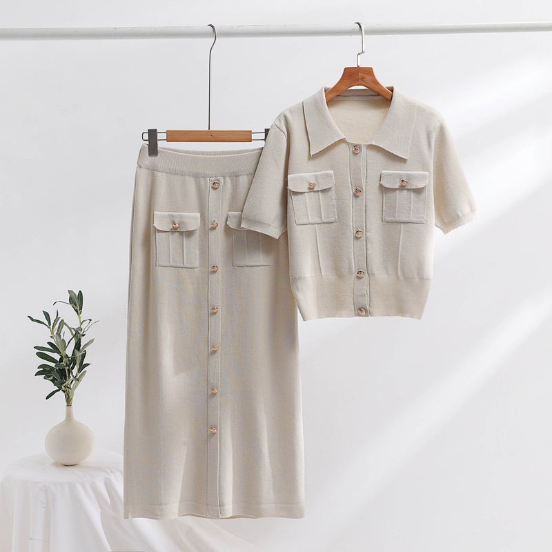 Women's Clothing high grade knitted suit spring and autumn new sweet and gentle short sleeved dress, two pieces_autovado.com