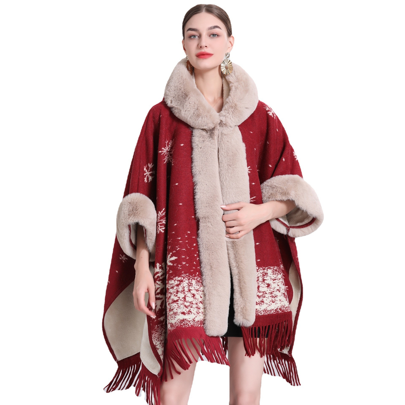 loose plaid plus velvet thick fur collar knitted shawl cape women's woolen shawl coat_autovado.com