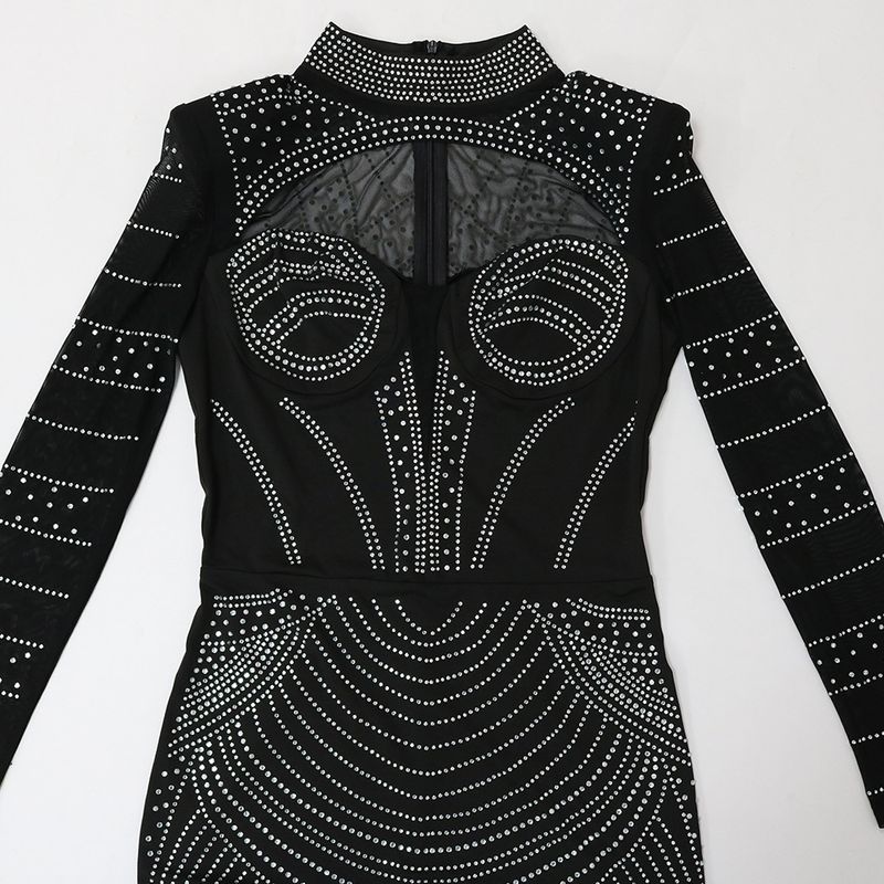 Women's Clothing round neck long-sleeved dress with hollow design on the chest and rhinestone hip party dress_autovado.com