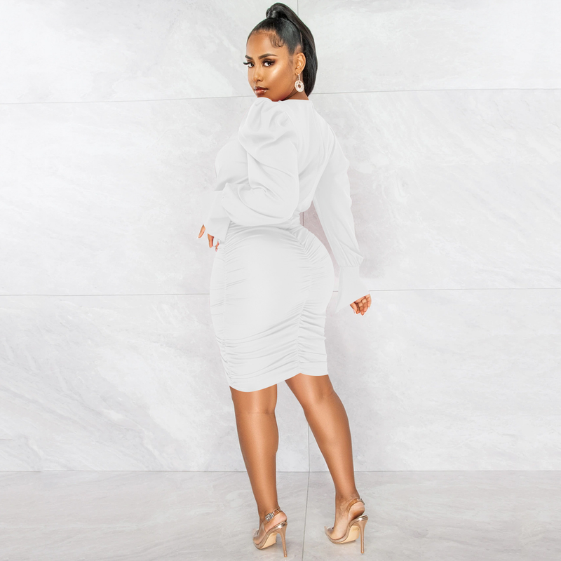 Women's Clothing fashion casual solid color long-sleeved pleated V-neck dress for women_autovado.com
