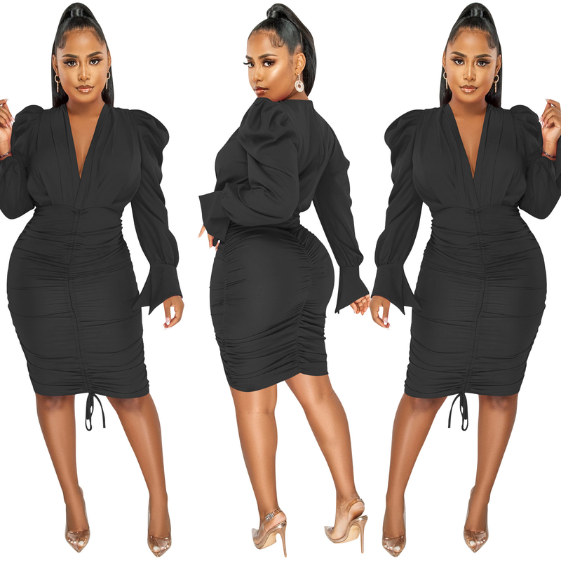 Women's Clothing fashion casual solid color long-sleeved pleated V-neck dress for women_autovado.com