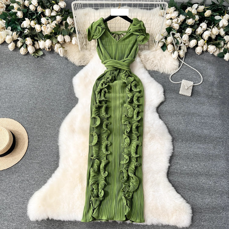 Women's Banquet high-end dress high-end light luxury niche pleated three-dimensional ruffled slim long temperament dress for women_autovado.com
