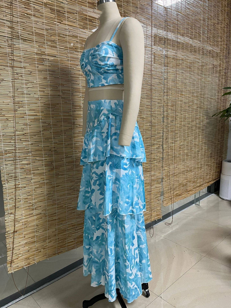 Women's clothing new suspender chest wrap printed sleeves backless tops slit two piece set_autovado.com