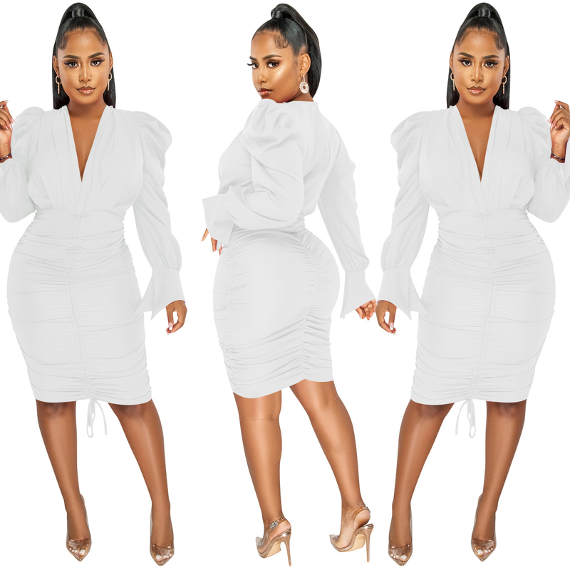Women's Clothing fashion casual solid color long-sleeved pleated V-neck dress for women_autovado.com