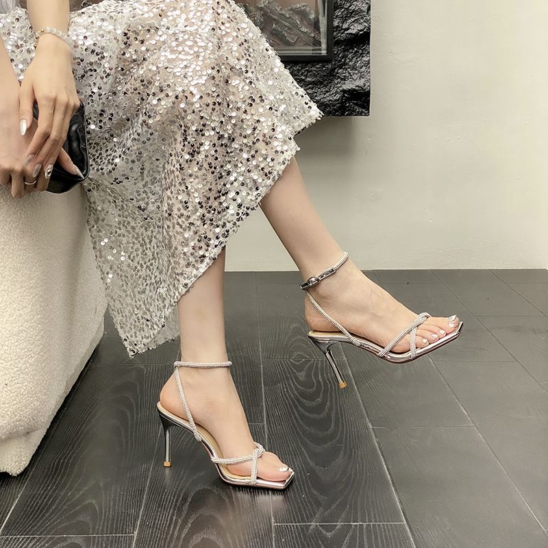 Women's fashion high sense 32-43 open toe square head silver rhinestones all French line with high heels sandals_autovado.com