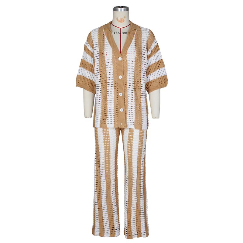 Women's Clothing sexy ladies V-neck hollow striped lapel knitted wide pants suit_autovado.com