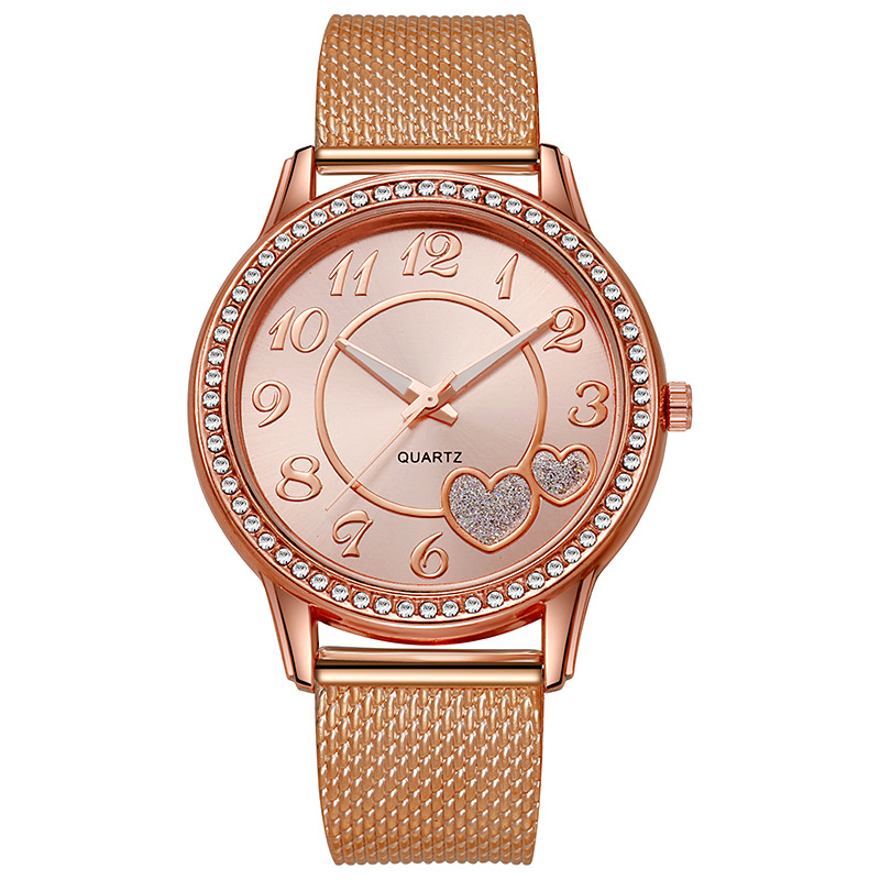 peach heart mesh quartz watch student rose gold Love Diamond women's watch_autovado.com