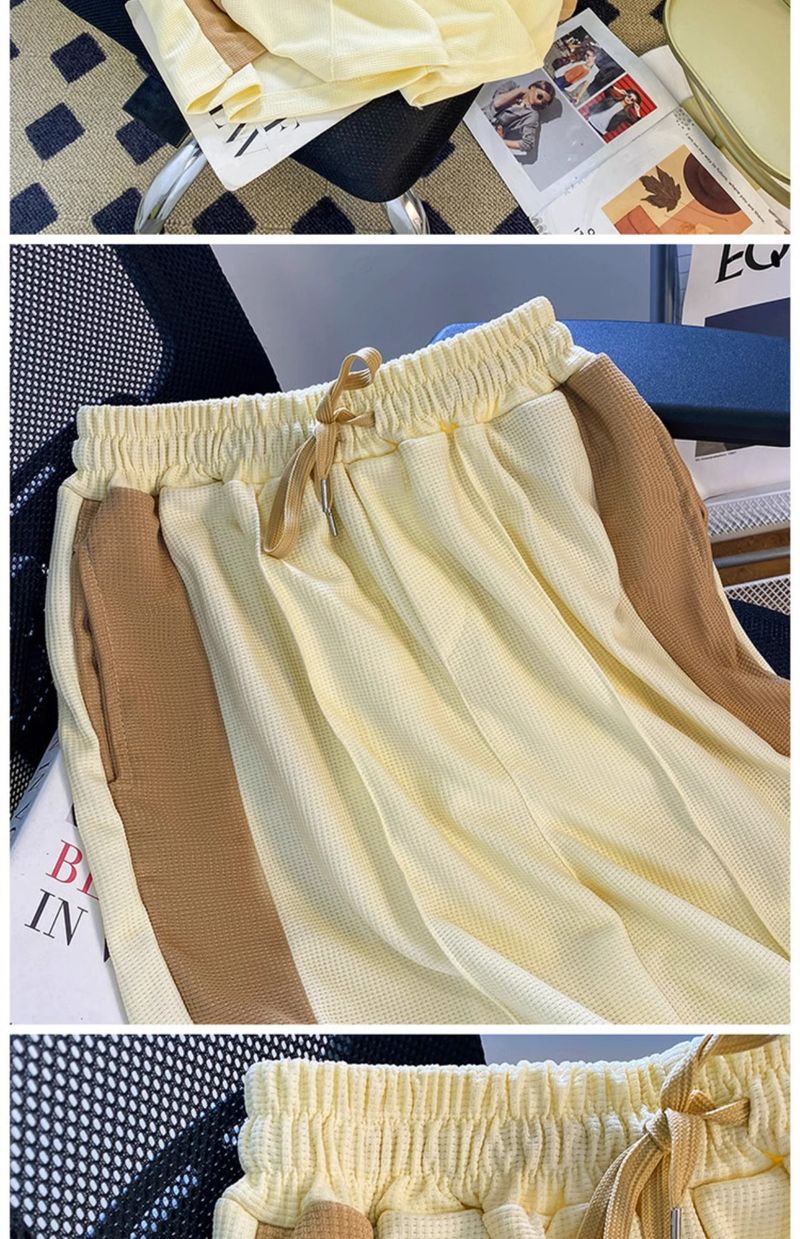 Men's Clothing Waffle sports suit summer men's clothing color matching lapel short sleeved T shirt set with handsome casual shorts_autovado.com