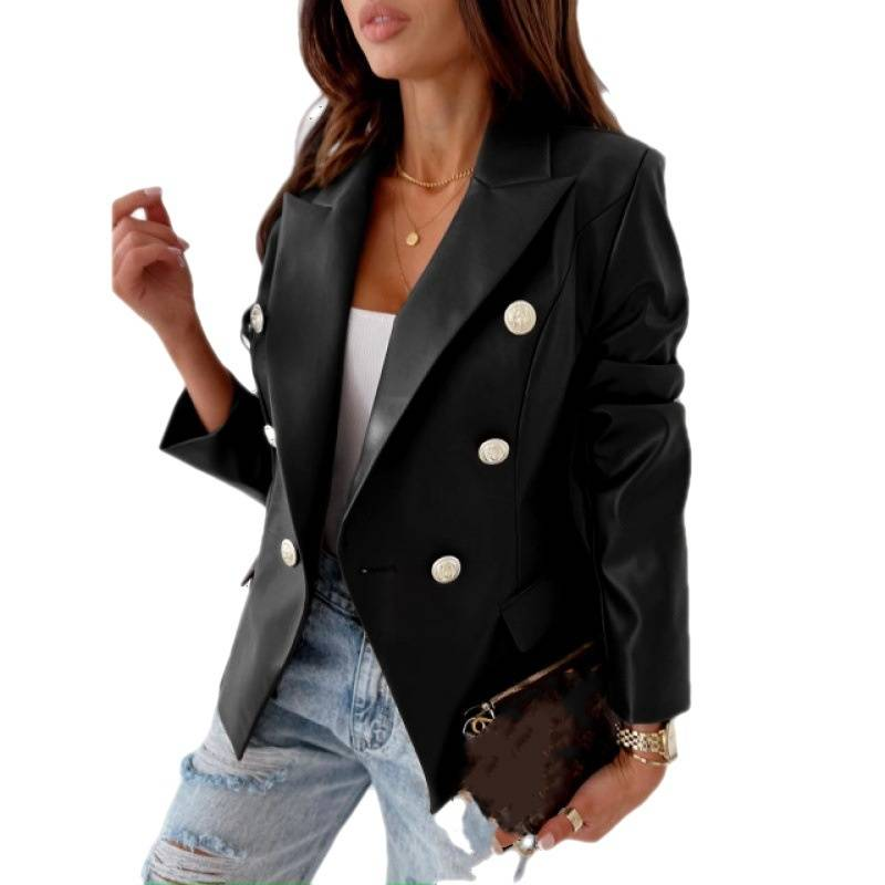 Women's Clothing new style long sleeved double breasted fashionable PU leather suit small jacket_autovado.com