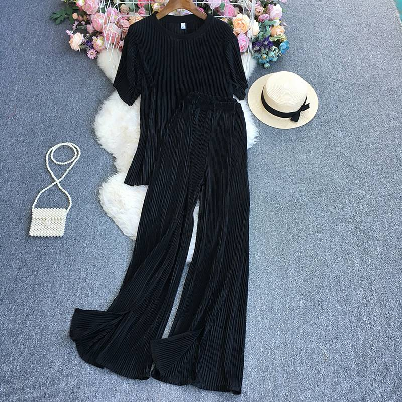 Women's Fashion Clean Color Shirt Two-piece Set Of High Waist Vertical Vertical Wide Leg Pants_autovado.com