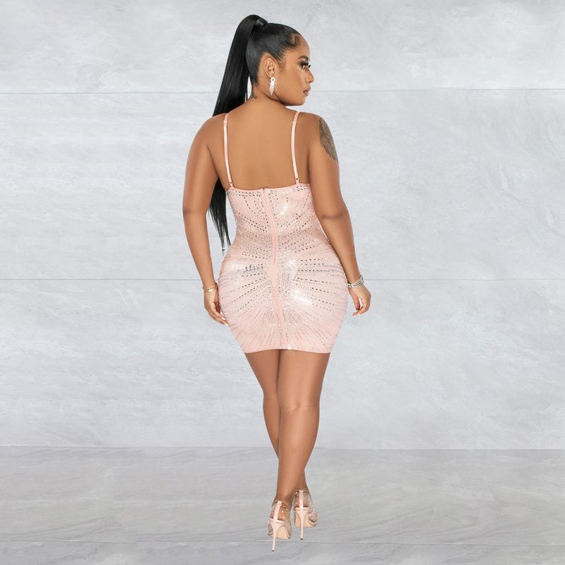 Women's hot diamond mesh suspender sleeveless short skirt dress_autovado.com