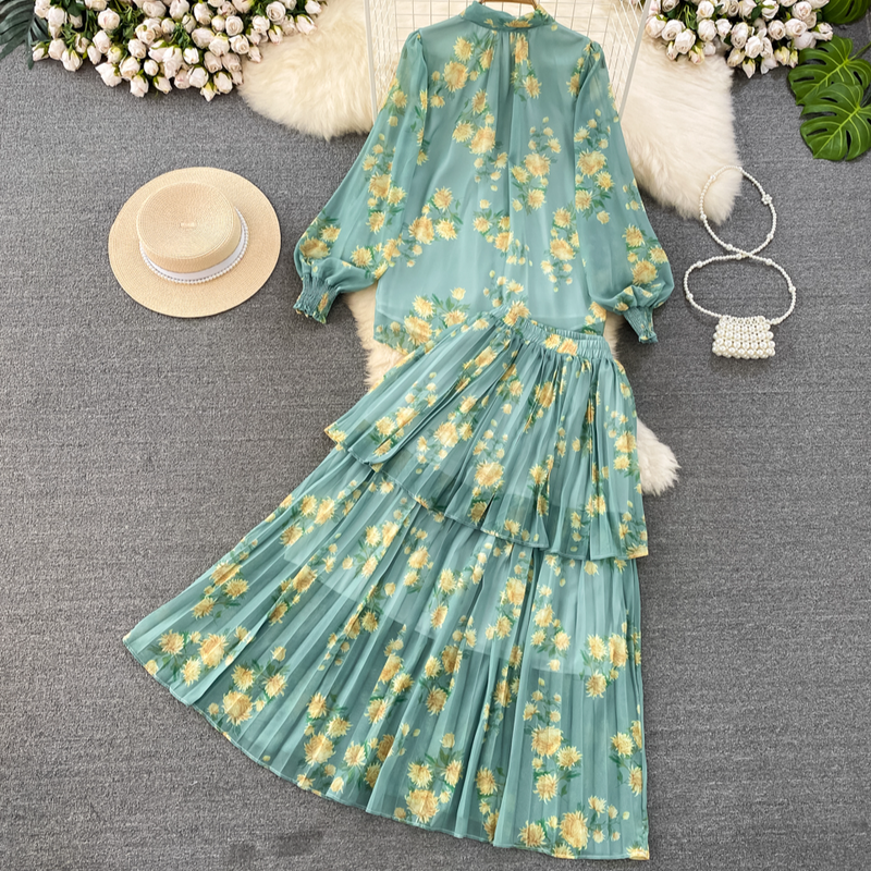 Women's Clothing light mature style, lantern long sleeves, bowknot, loose printed chiffon shirt, two-piece suit, high waist skirt_autovado.com