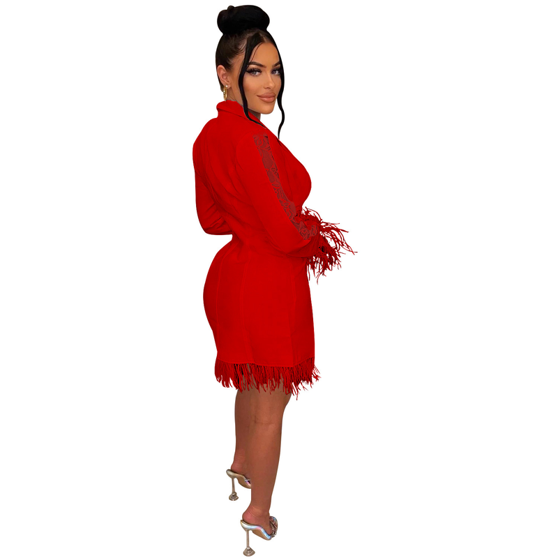 Women's fashion women's V-neck long-sleeved double-breasted tassel openwork dress_autovado.com
