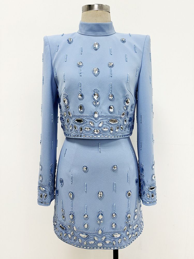 Women's Clothing celebrity fashion new heavy beaded diamond short top skirt suit two piece suit_autovado.com