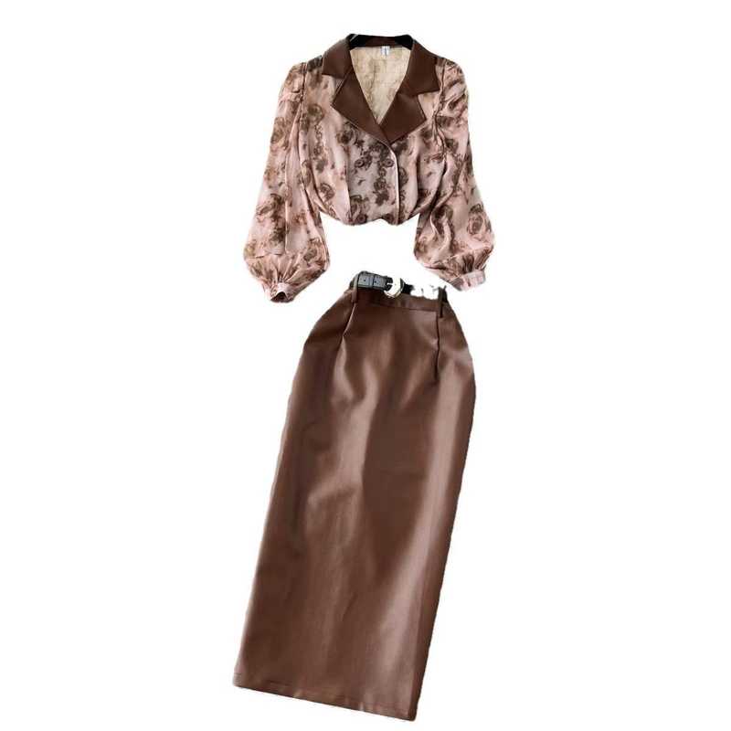 Women's Clothing collar floral chiffon shirt high waist tight PU leather skirt female high end outfit two piece suit_autovado.com