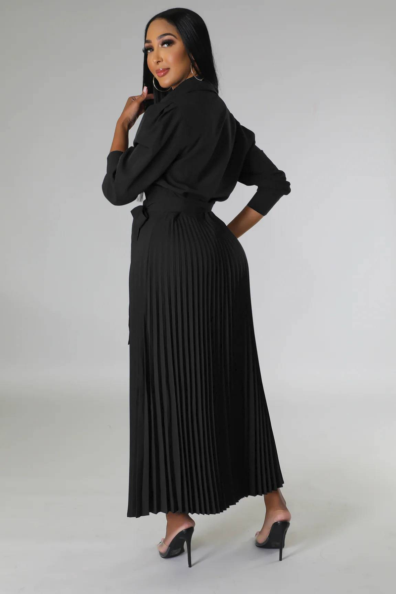 Long sleeved Polo collar high waist fashion casual pleated women's dress_autovado.com