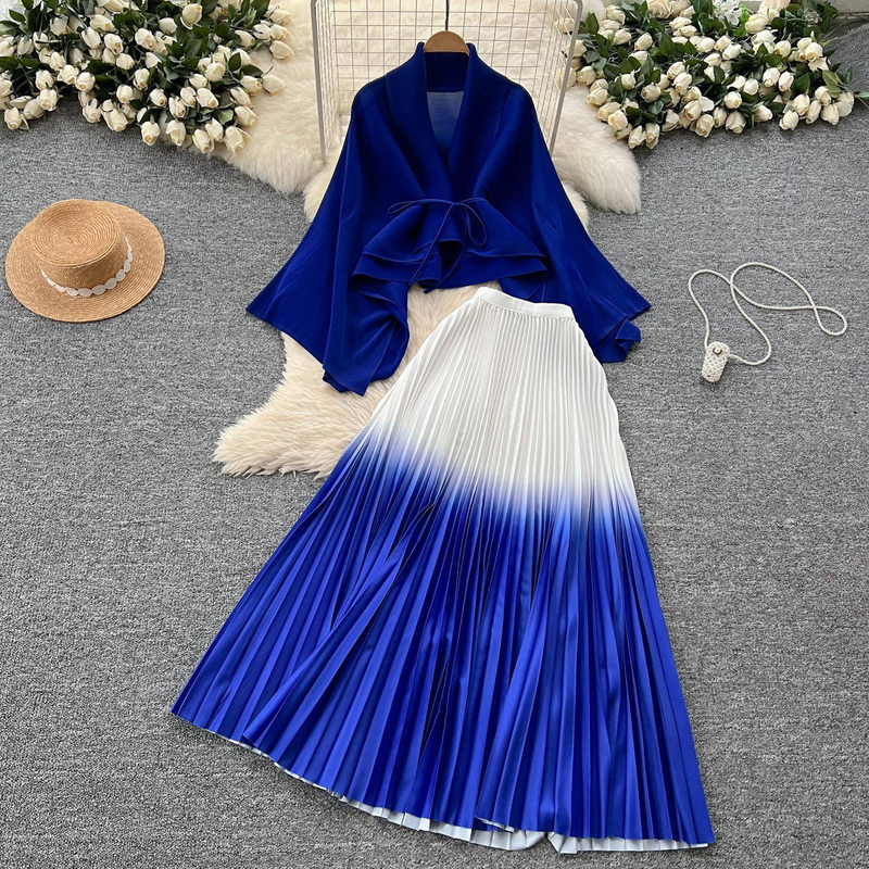 Ruffled Butterfly Sleeve Gradient Tie Cape Short Coat Top + Gradient Pleated Skirt Two-piece Suit_autovado.com
