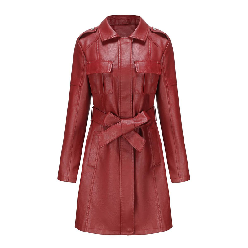 New mid-length leather coat with belt long-sleeved leather trench coat fashionable coat woman_autovado.com