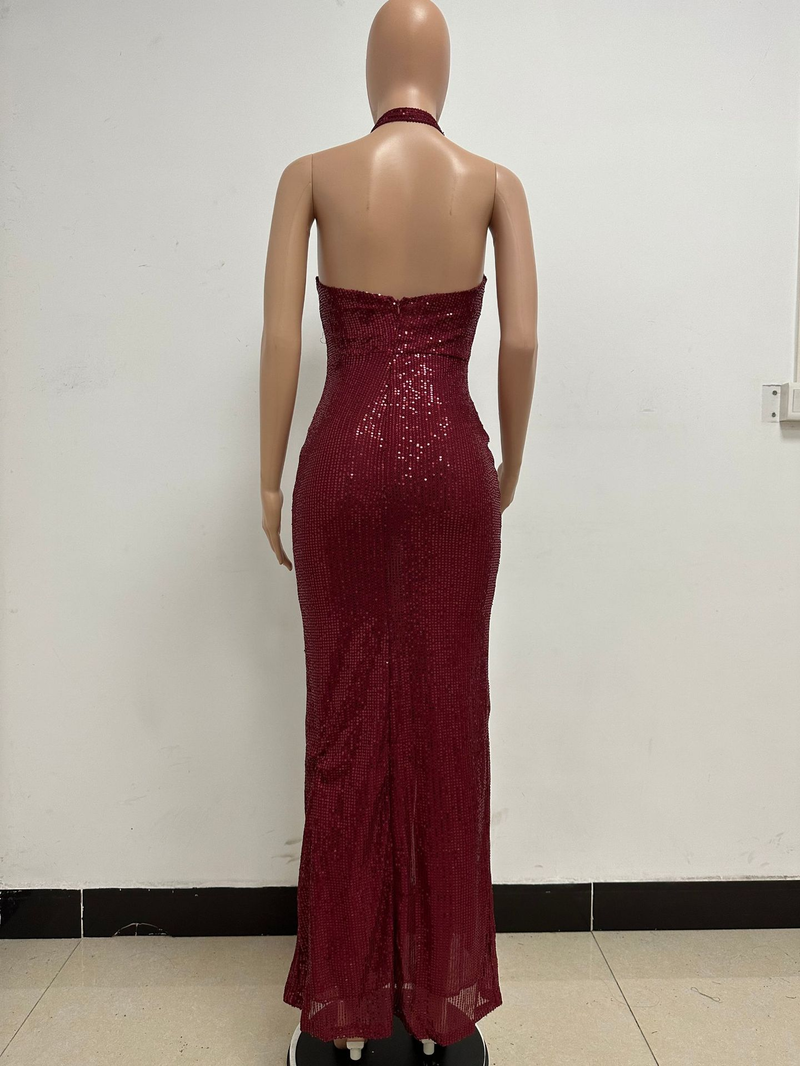 Women's slit sleeveless hot girl dress female halter neck backless sequin dress skirt_autovado.com