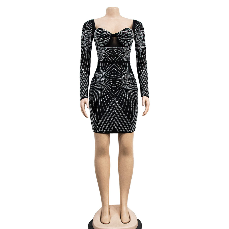 Women's solid color mesh rhinestone long-sleeved short skirt dress_autovado.com