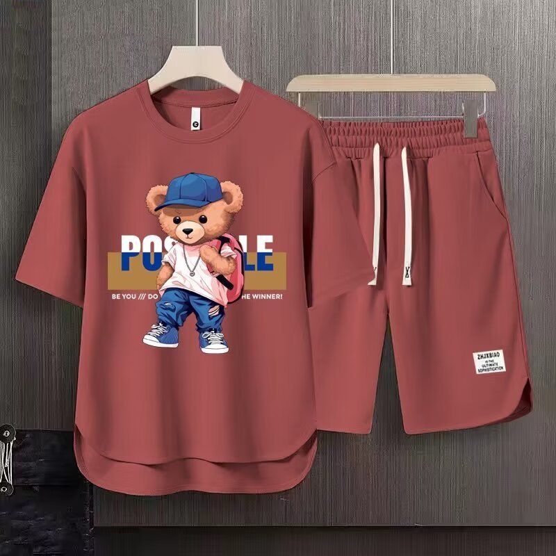 Men's Clothing 2024 Waffle Casual Summer Suit Men's Loose Teen Short sleeved T shirt Shorts Handsome Two piece Suit_autovado.com