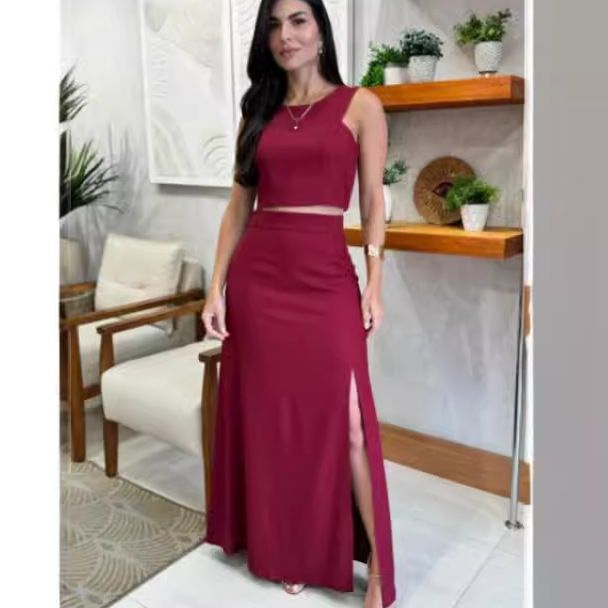 Women's Solid Color Round Neck Sleeveless Top High Waist Slit Skirt Suit_autovado.com