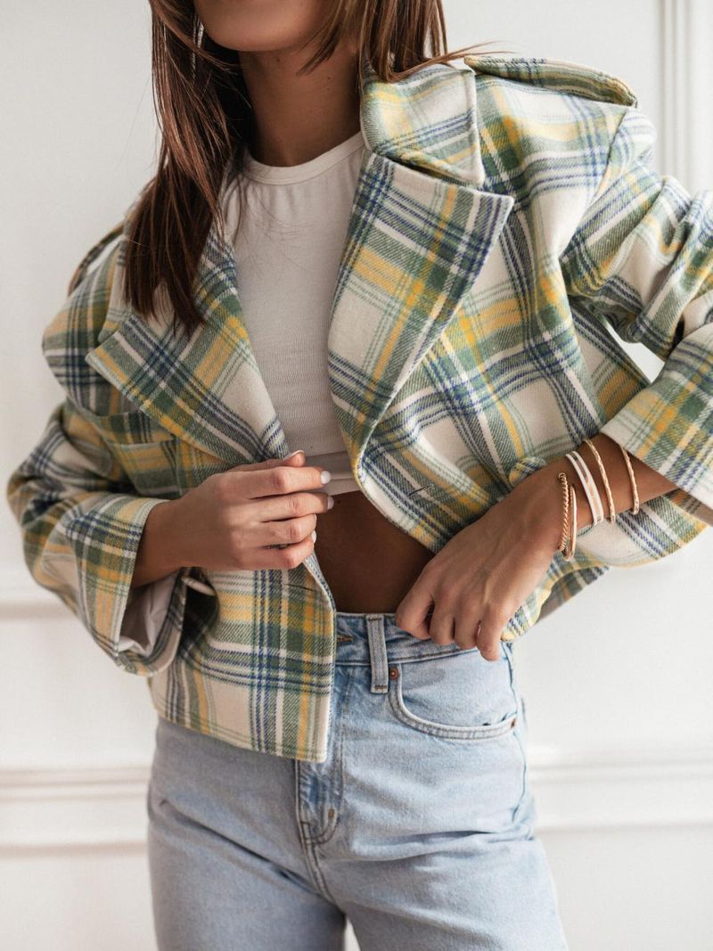 Women's Clothing New 2024 Fashion Suit Collar Plaid Printed Wool Coat_autovado.com