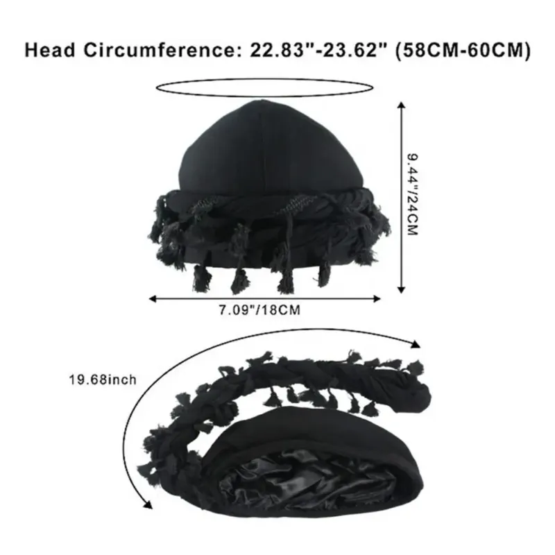 Hot Sale 2024 Men Punk Burr Trim Twisted Tail Fringe Cotton Bandana Hop Turban Hats Head Wrap Beanie Cap Solid Color Docker Hat_autovado.com