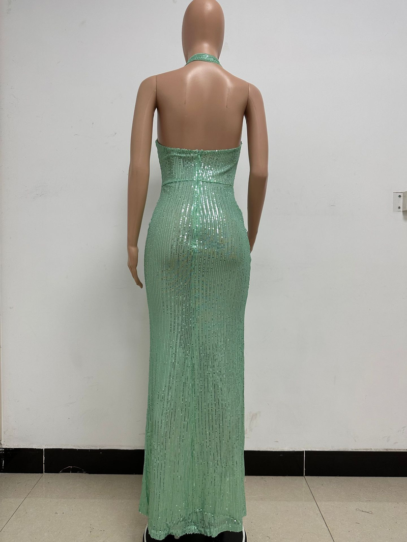 Women's slit sleeveless hot girl dress female halter neck backless sequin dress skirt_autovado.com