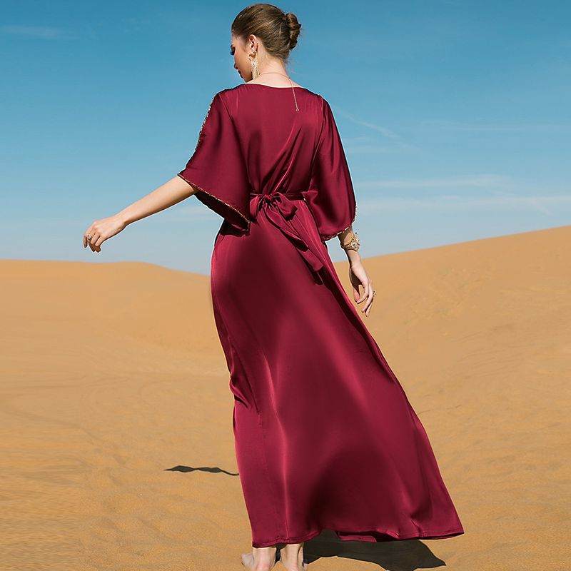 Women's clothing Burgundy off-shoulder hand-stitched diamond design dress Middle Eastern party holiday gift_autovado.com